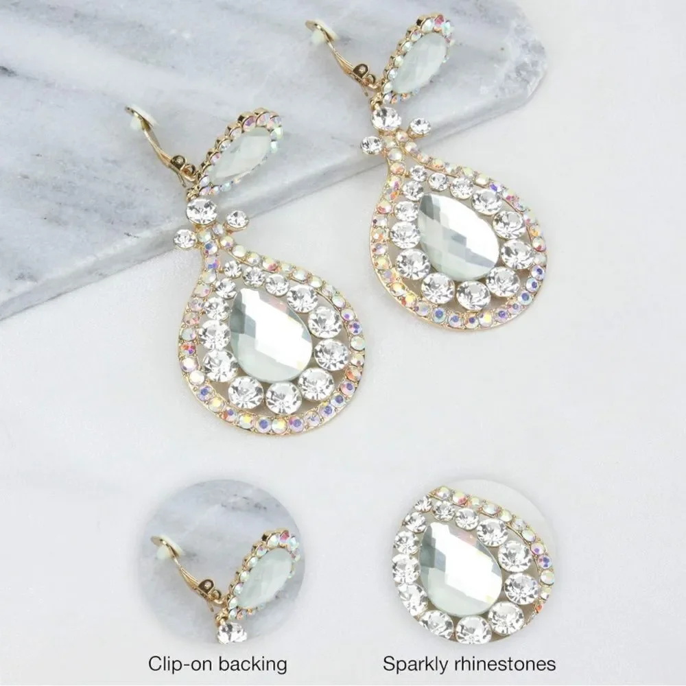 Yellow Gold with Diamond and AB Austrian Crystal Chandelier Clip On Earrings